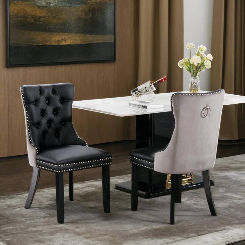Set of 2 PU Leather and Velvet Dining Chairs Tufted Back with Nailed Trim and Back Ring Pull Home Kitchen Dining Room Chairs - Black+ Gray