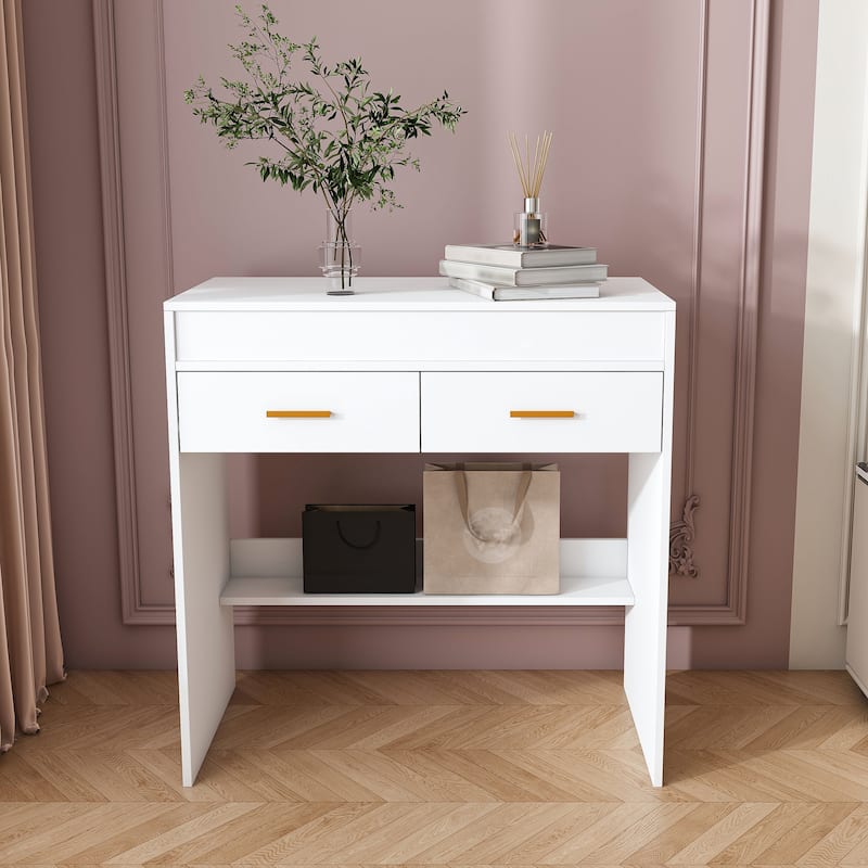 White Makeup Table Vanity Desk with Flip-down LED Mirror & Power Outlet