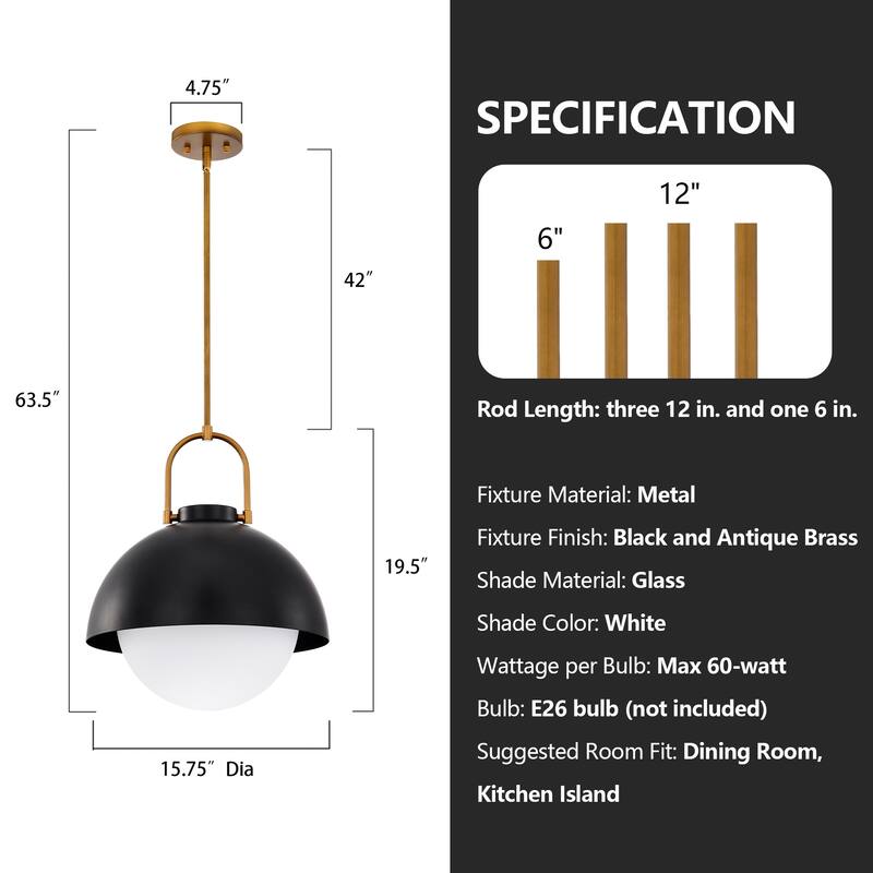 1-Light Matte Black Finish Modern Pendant Light Fixture with Opal Glass Shade for Dining Room or Kitchen Island