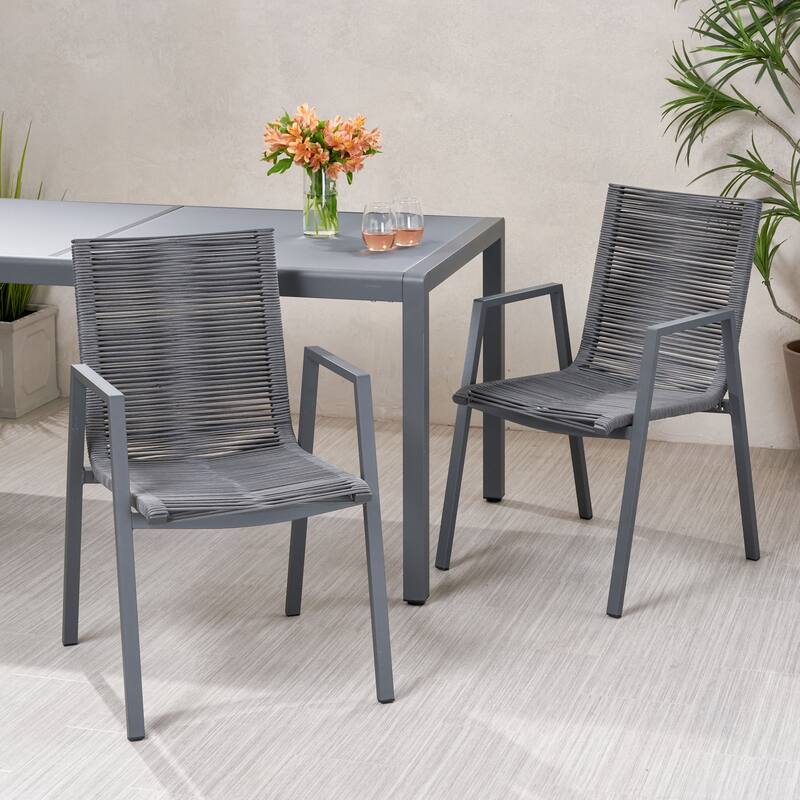 Outdoor Modern Aluminum Dining Chair with Rope Seat (Set of 2), Gray and Dark Gray