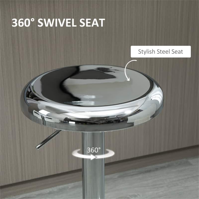 Set of 2 Adjustable Height Silver Steel Bar Stools with Swivel and Footrest for Kitchen - 15.25" W x 15.25" D x 24.5-32.75" H