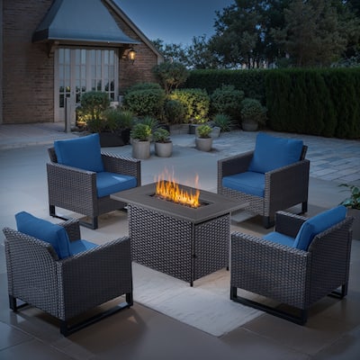 4 Pieces Patio Chair with Fire Table Brwon-Blue - Brown