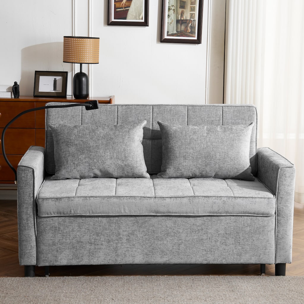 Modern Convertible Sofa Bed Pull-Out Loveseat with USB Ports, Grey Padded Sleeper Sofa with Adjustable Backrest