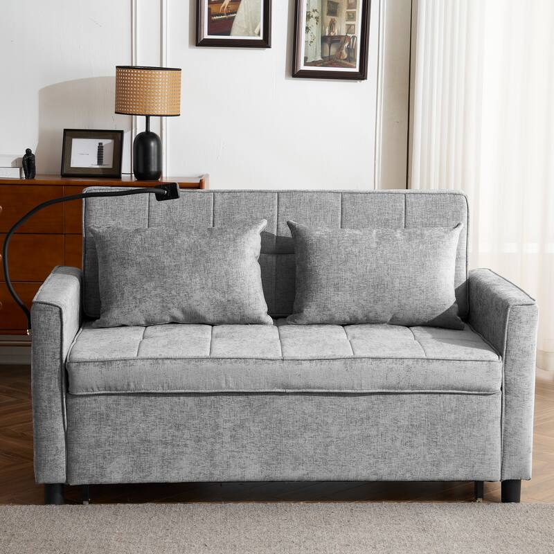Roomfitters Loveseat Pull-Out Sofa Bed with Reversible Backrest Cushion, Side Pockets, USB Ports, and Phone Holder