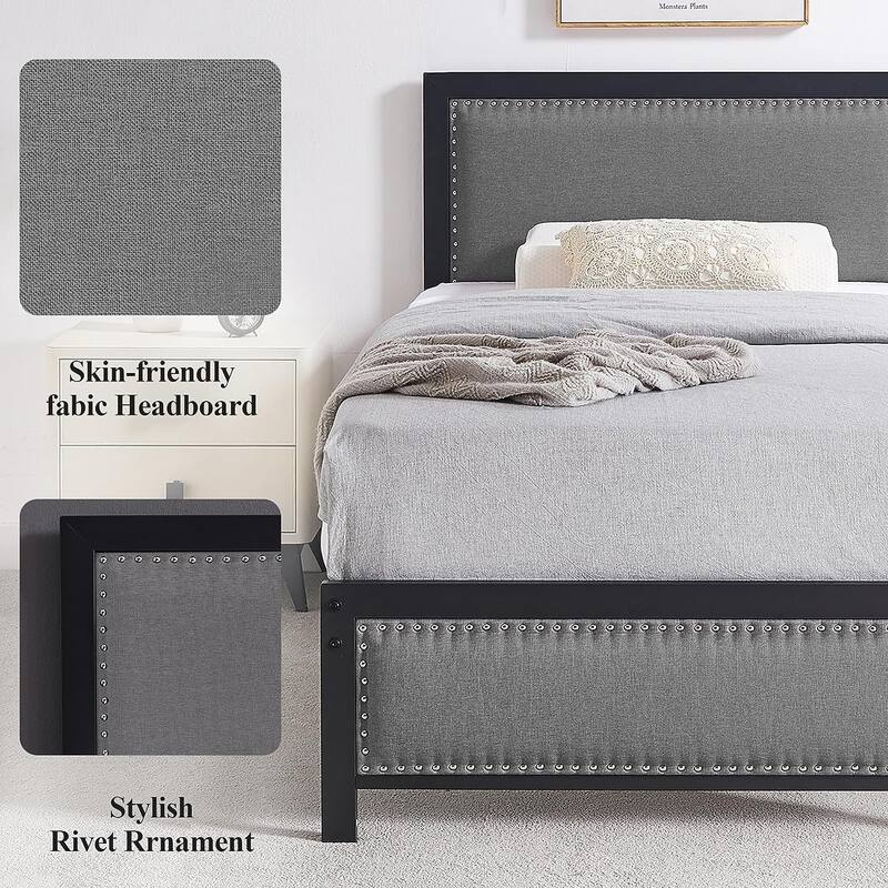 2 Pack Twin Upholstered Bed Set 40" Wide Bed with Nailhead Trim 12.6" Underbed Space & Padded Headboard Footboard