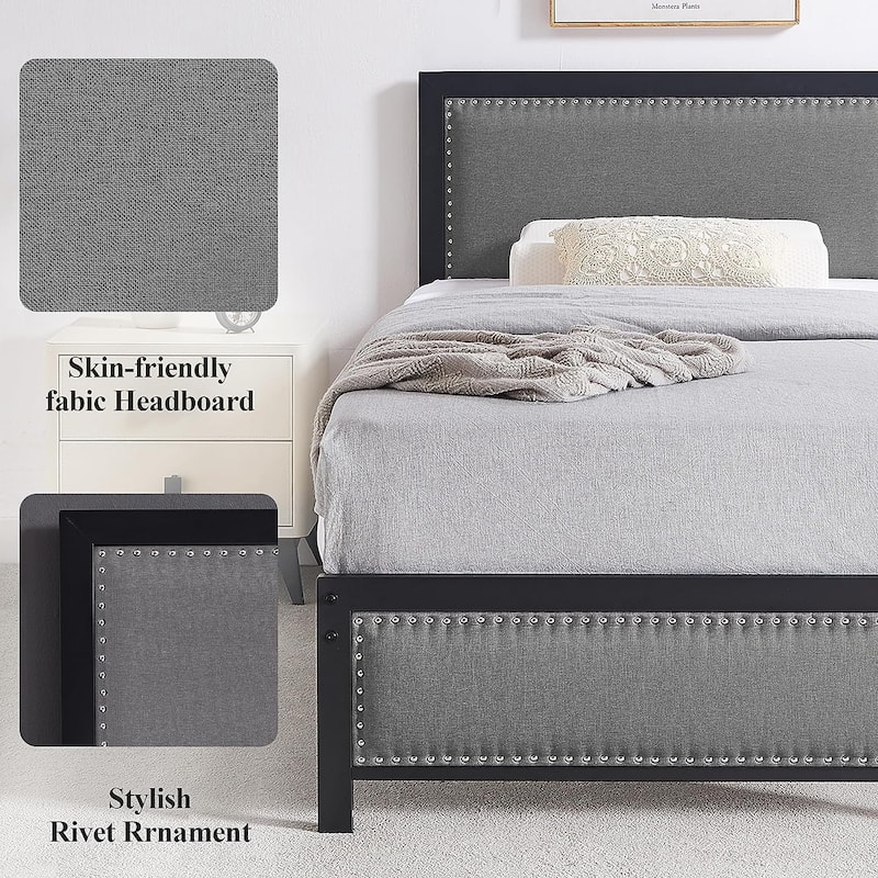 VECELO Bed Frame with Upholstered Linen Headboard and Footboard Heavy-Duty Platform with Strong Metal Slats