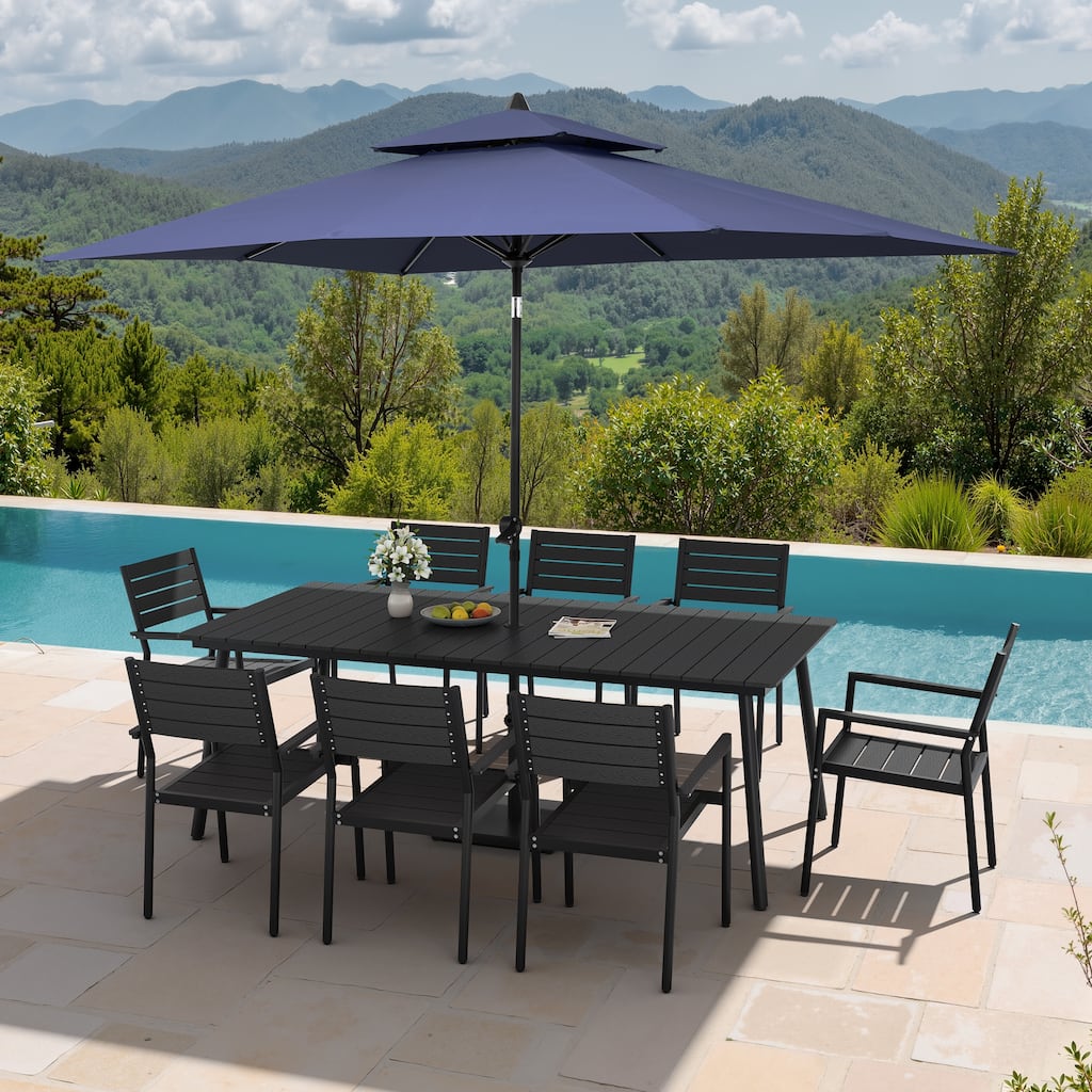 11PC Outdoor Patio Dining Set Aluminum Table with Stackable Armchairs w/ Market Umbrella Set