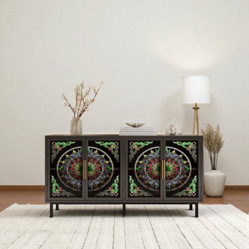 60" Stained Glass Buffet Cabinet with 4 Doors, Painted Glass & Metal Frame Decorative Storage Sideboard. - Black