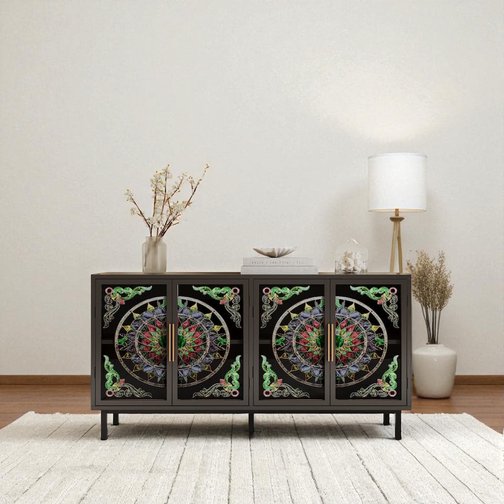 60" Stained Glass Buffet Cabinet with 4 Doors, Painted Glass & Metal Frame Decorative Storage Sideboard.