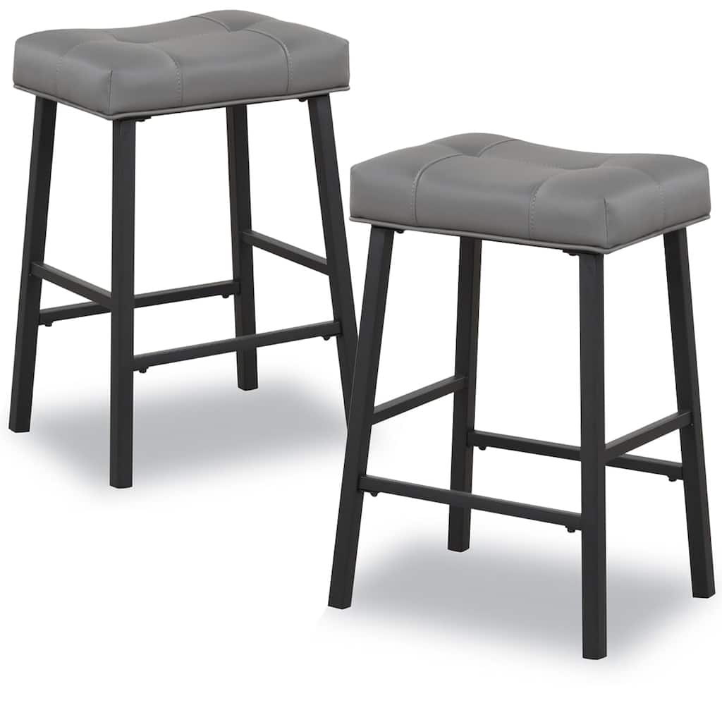 Counter Height Bar Stools Set of 2, 24 Inch Backless Saddle Bar Stools, Upholstered Padded Gray Barstools