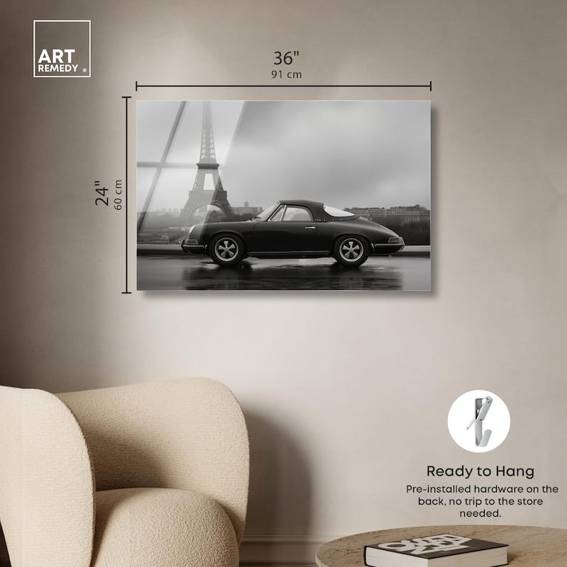 Classic Car and Eiffel Noir Acrylic by Art Remedy, Ready to Hang