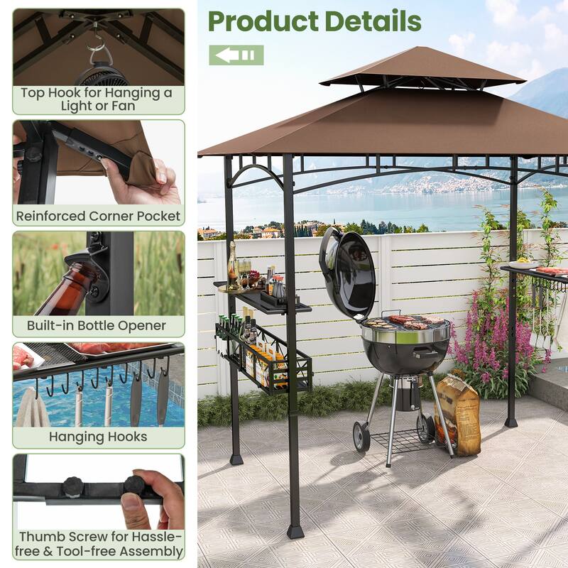 Gymax 8 x 5 FT BBQ Grill Gazebo w/ 2 Side Shelves Storage Basket