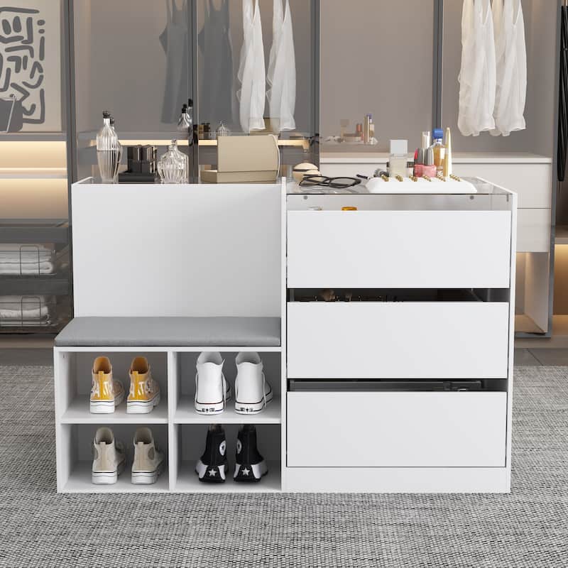 Makeup Organizer Glass Top and Cushion for Jewelry, Shoe Storage Bench