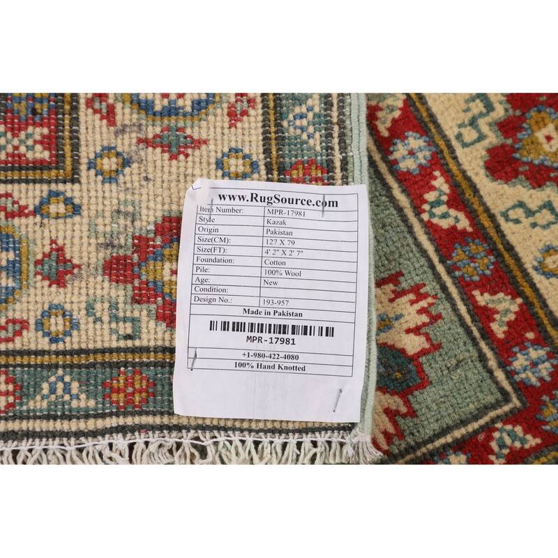 Light Green Kazak Oriental Accent Rug Hand-Knotted Wool Carpet - 2'7" x 4'2"