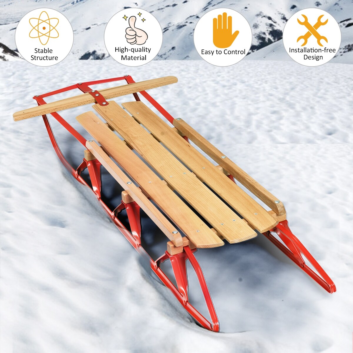 Snow Sleigh Toboggan With Solid Wood Seat Nightcore Wooden Steel Runner Sled Portable Wood Sleigh Snow Sledge For Kids And Adults 54 Pull Steering Slider With Metal Runners And Steering Bar Sledding
