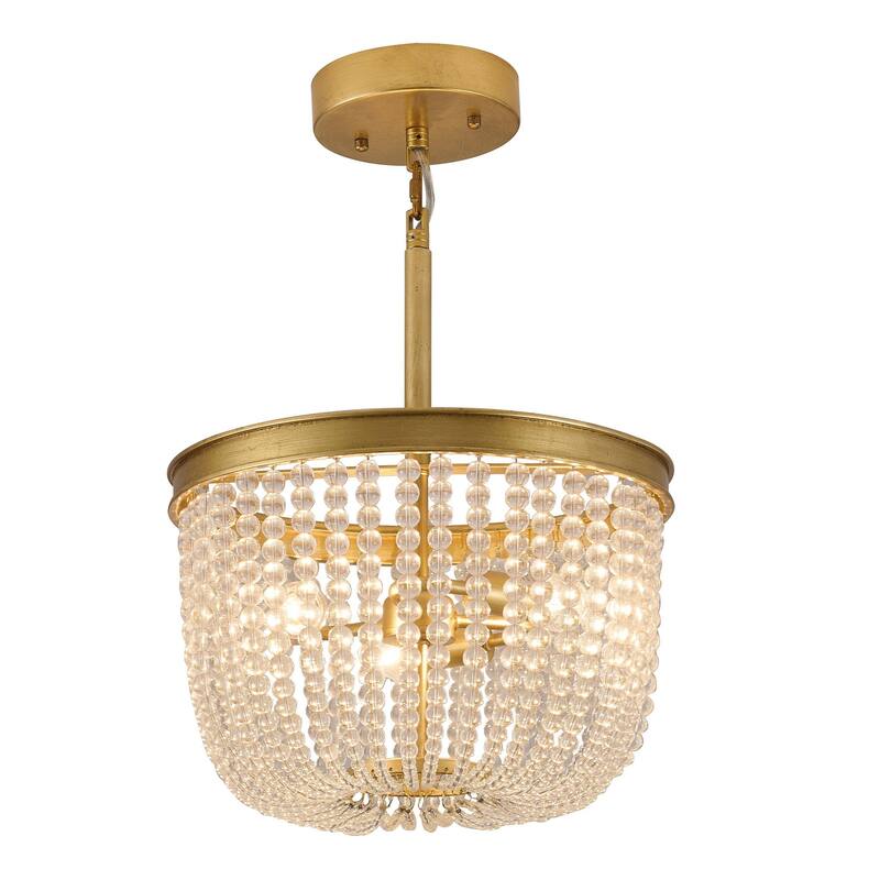 3-Light Chrome Semi Flush Mount With Clear Glass Beads