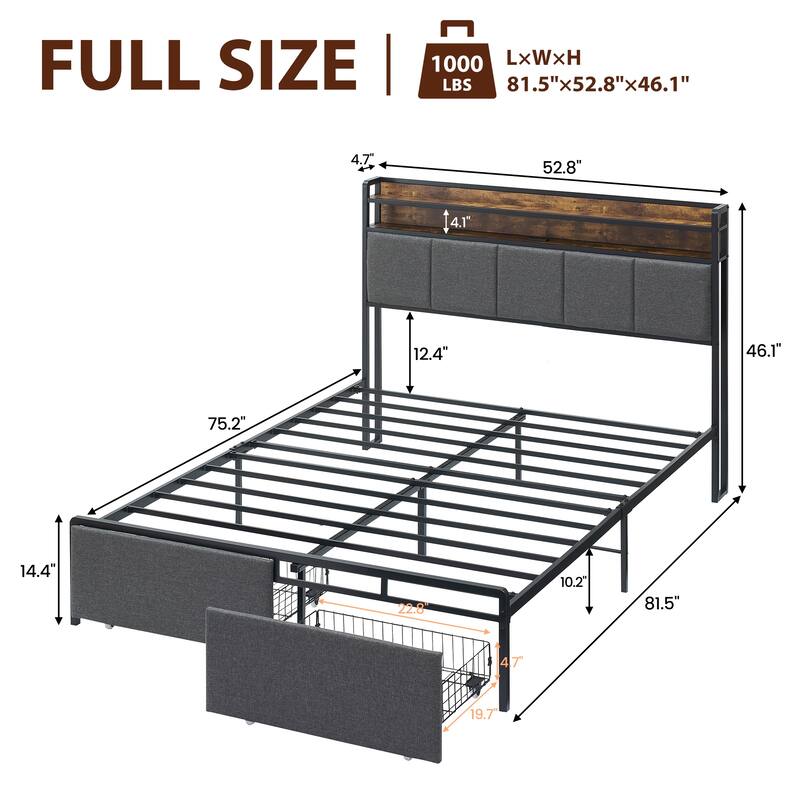 Bed Frame with Headboard and Storage Drawers