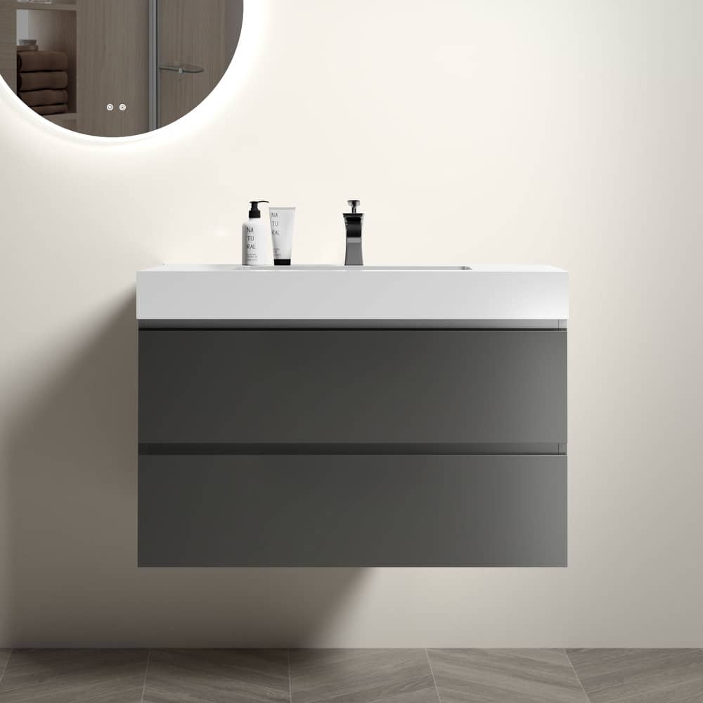 Modern Large Storage Wall Mounted Bathroom Vanity with Sink Basin without Drain and Faucet