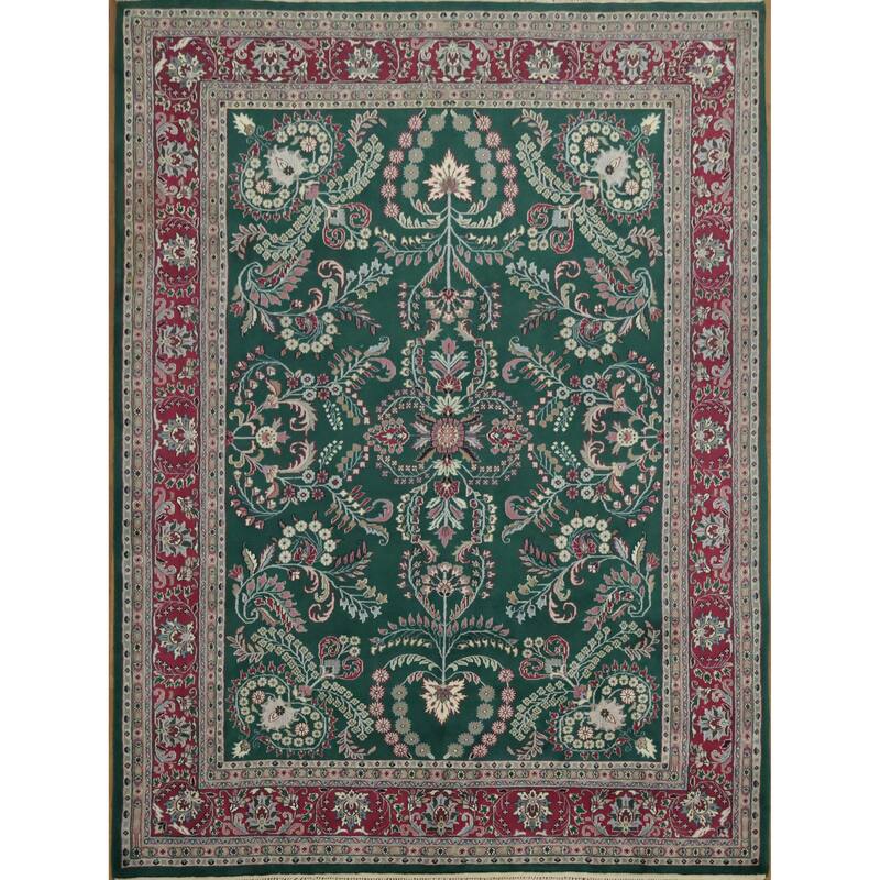 Hand Knotted Oriental 100% Wool Carpet Traditional All-Over Green Agra Area Rug - 12' 1'' X 9' 1''
