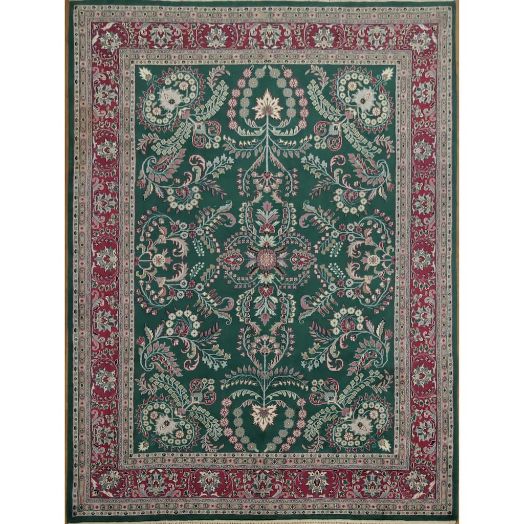 Hand Knotted Oriental 100% Wool Carpet Traditional All-Over Green Agra Area Rug - 12' 1'' X 9' 1''