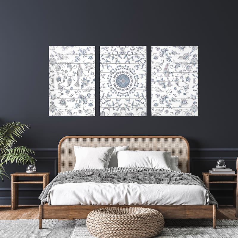 "Chinoiserie Pattern" 3 Piece Set Print on Planked Wood Wall Art