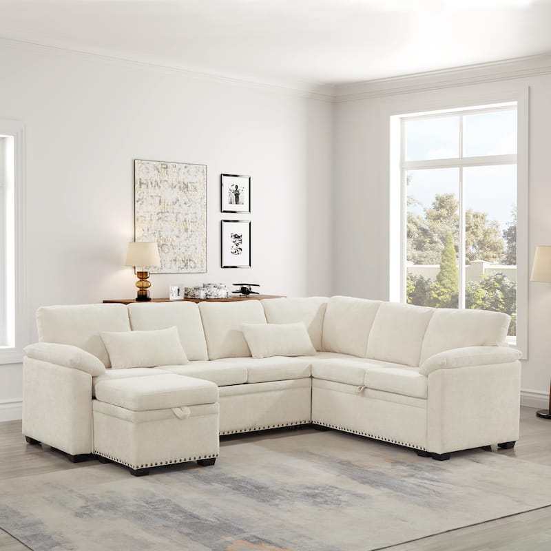 L-Shaped Chenille Sectional Sofa with Pull-Out Bed, Upholstered Convertible 7-Seater Sofa with Storage Ottoman & 2 Pillows