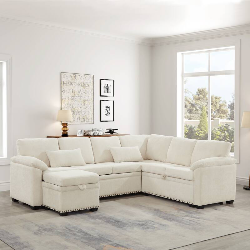 L-Shaped Corner Sectional Sofa with Seat and Storage Ottoman, Chenille Sofa Bed with 2 Pillows for Living Room Sleeper Couch