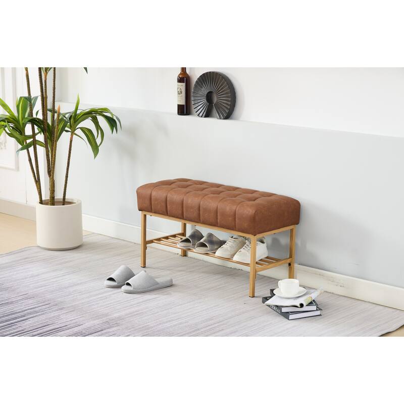 End of Bed Bench with Shelf, Retro leather Upholstered Storage Shoe Bench - Brown