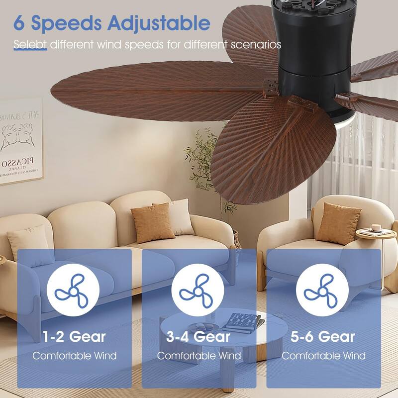 42 Inches Flush Mount Ceiling Fan with Light and Palm Leaf ,3CCT Dimmable LED Integrated,for Indoor and Outdoor - 42 Inches