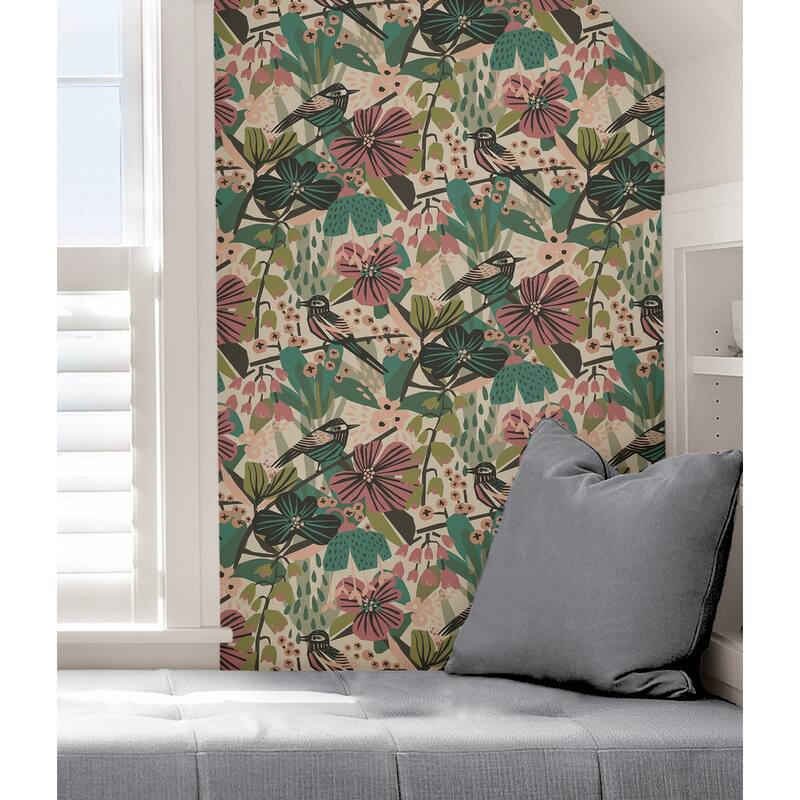 Pip & Lo Teal Pink Jaybird Peel & Stick Wallpaper