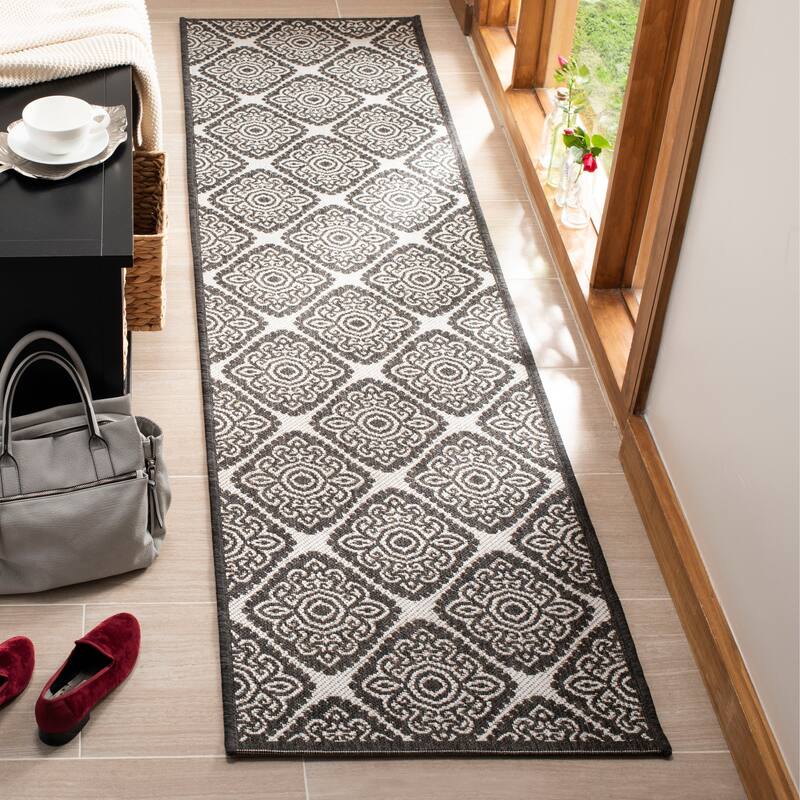SAFAVIEH Linden Sharron Indoor/ Outdoor Waterproof Patio Backyard Rug - 2'2" x 8' Runner - Light Grey/Charcoal