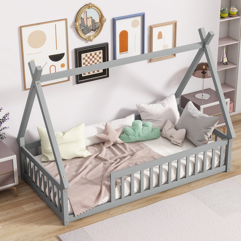 Twin Size Tent Shaped Floor Bed with Guardrails Rubber Wood Low Profile Design