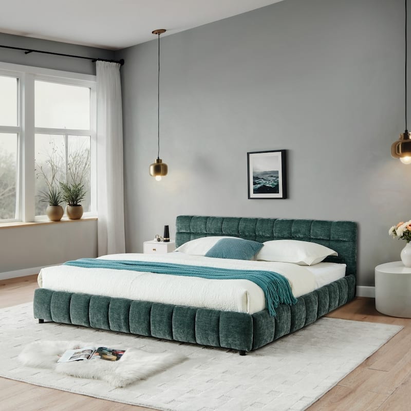 King Size Chenille Fabric Upholstered Bed with Headboard and Drawer for Storage