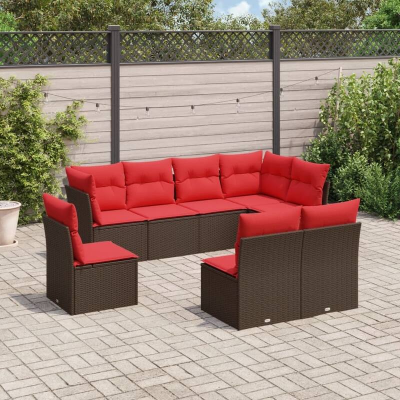 vidaXL Patio Sofa Set with Cushions Outdoor Furniture 9 Piece Poly Rattan - 21.7 x 24.4 x 27.2 - Brown and red Without table