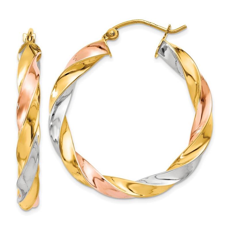 Curata 14k Tri Color Fully Polished Twisted 33x4mm Hoop Earrings