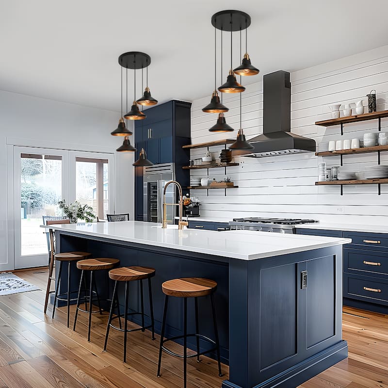 Modern Farmhouse 5-Light Black Brass Metal Chandelier with Bowl-Shaped Pendant Lights for Kitchen Dining Room - 20" D x 7" H