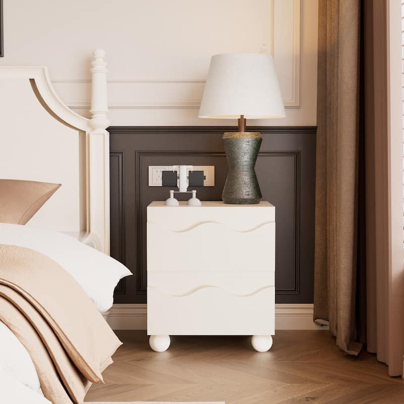 Wave Front 2 Drawers Nightstand Accent End Table Bedside Table - Beige