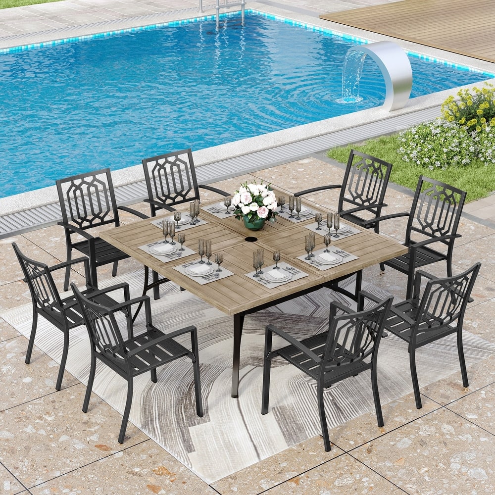MAISON ARTS 9-Piece Patio Dining Set, 60 Inch Square Metal Table and 8 Metal Dining Chairs