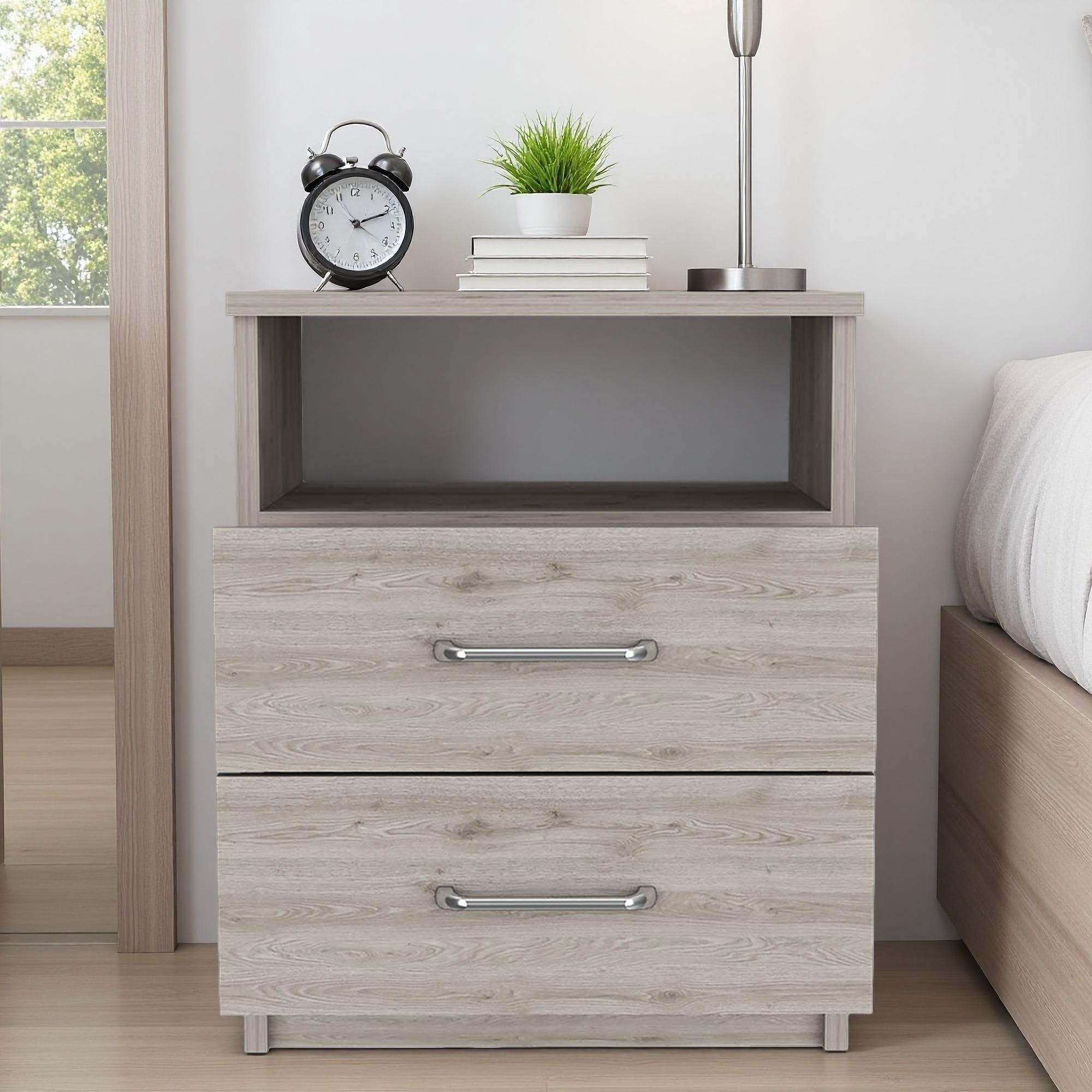 16"L Modern Nightstand with Two Drawers and Open Shelf, Metal Hardware Bedside Table