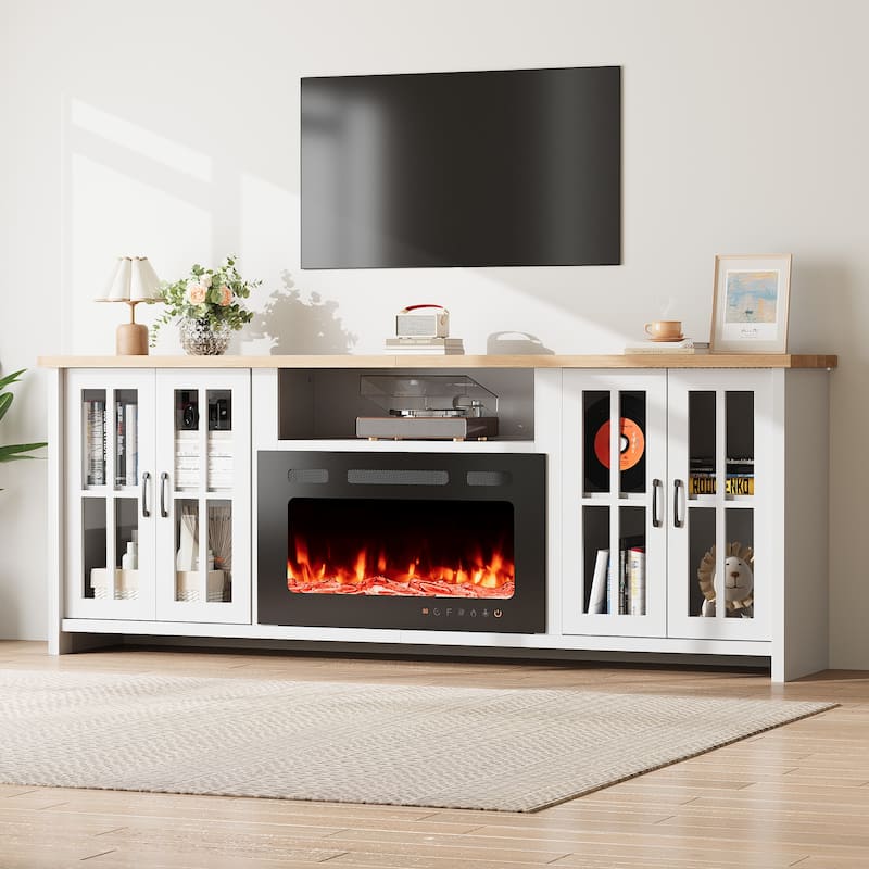 EROMMY 78"/ 97" Fireplace TV Stand with Electric Fireplace, Farmhouse Media Console with LED Lights, Glass Doors