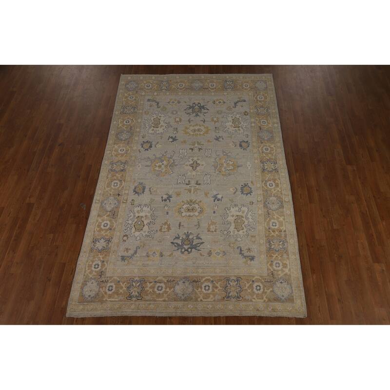 Vegetable Dye Oushak Turkish Area Rug Handmade Grey Wool Carpet - 5'9" x 9'2"