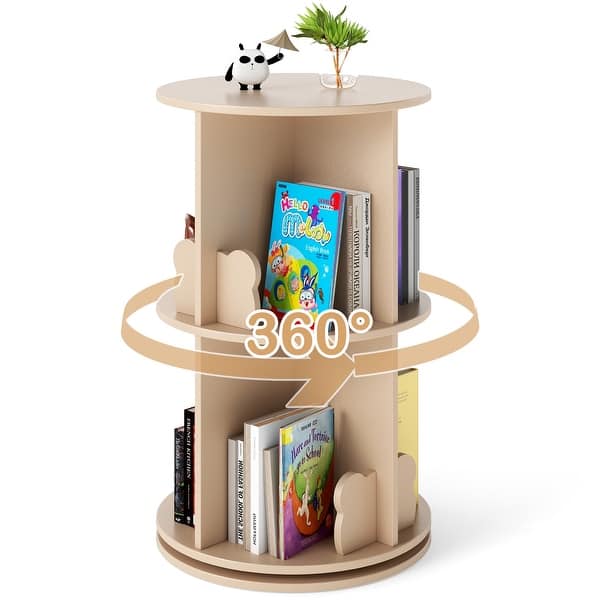 slide 2 of 9, Coffee MDF Kids Rotating Bookshelf 8 Compartments 360-degree Swivel and Bear Baffles - 16"L x 16” W x 25.5" H Coffee