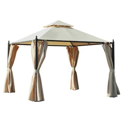 Beige Patio Gazebo with Powder-Coated Steel Frame Two Tier Canopy and Polyester Curtains for Garden Backyard