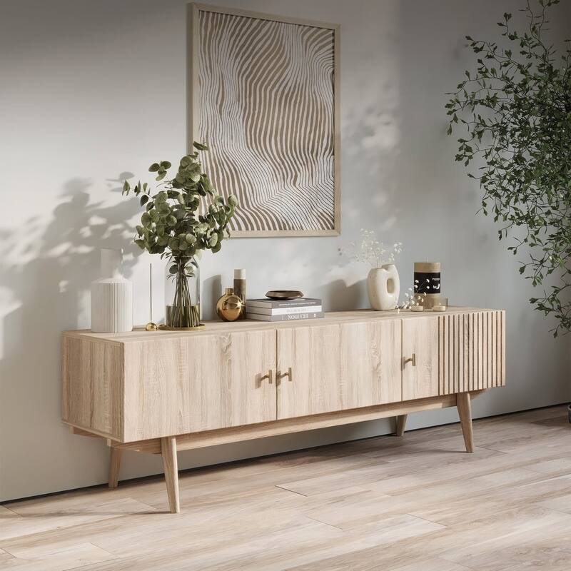 Living Skog Chelsea Brown TV Stand Fits for TV's up to 65 in. with Slatted Design and Wood Legs - Beige