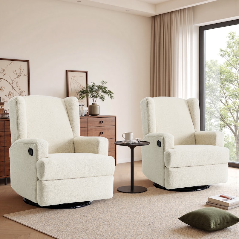 UIXE Upholstered Modern Swivel Glider Rocker Recliner - Boucle-Cream-2SET