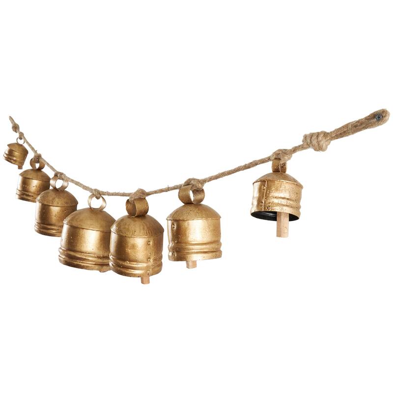 Gold Metal Tibetan Inspired String Hanging Decorative Cow Bell with Jute Hanging Rope