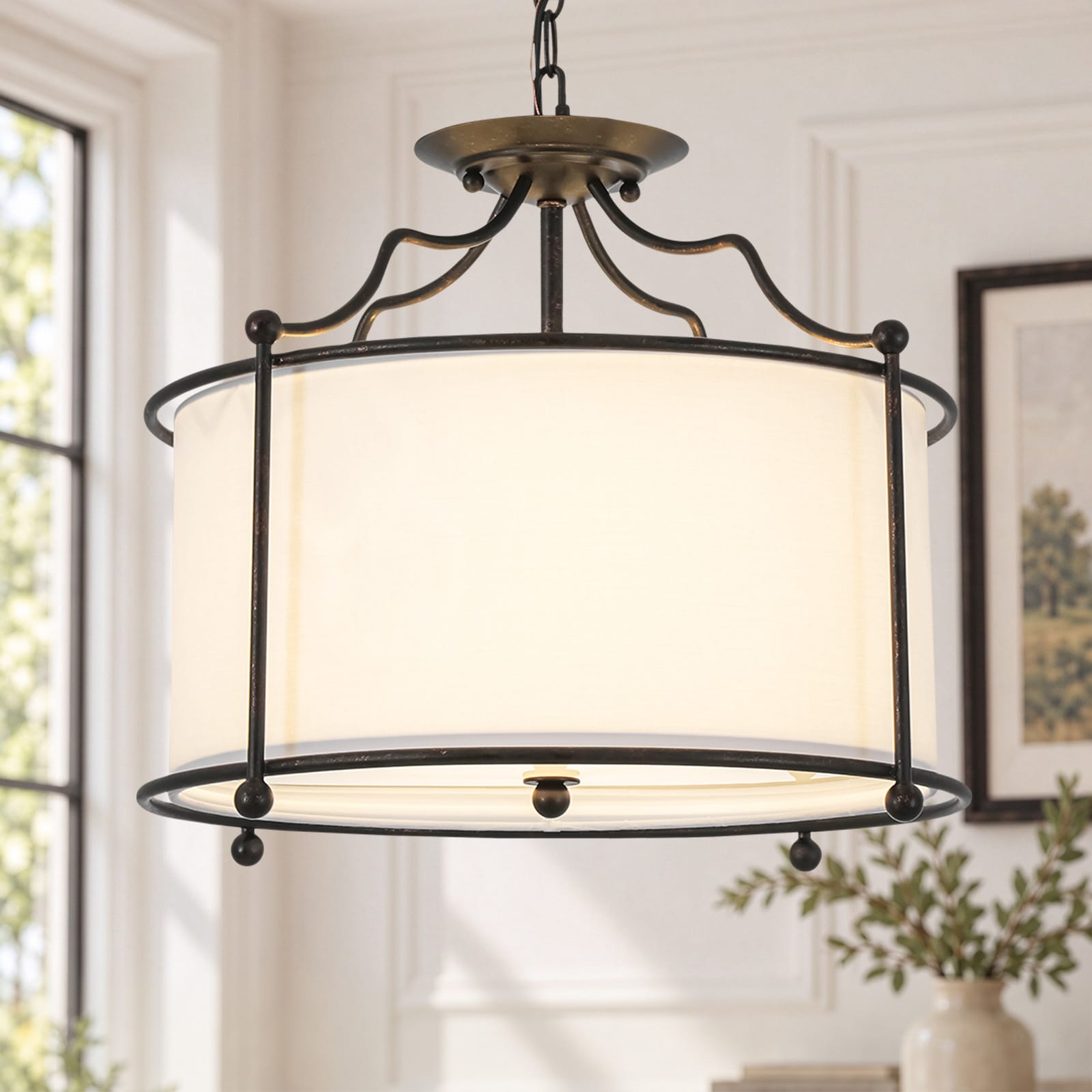 Farmhouse 3-Light Black Drum Fabric Chandelier for Dining Room - 18.1 in. Dia × 14.6 in. H