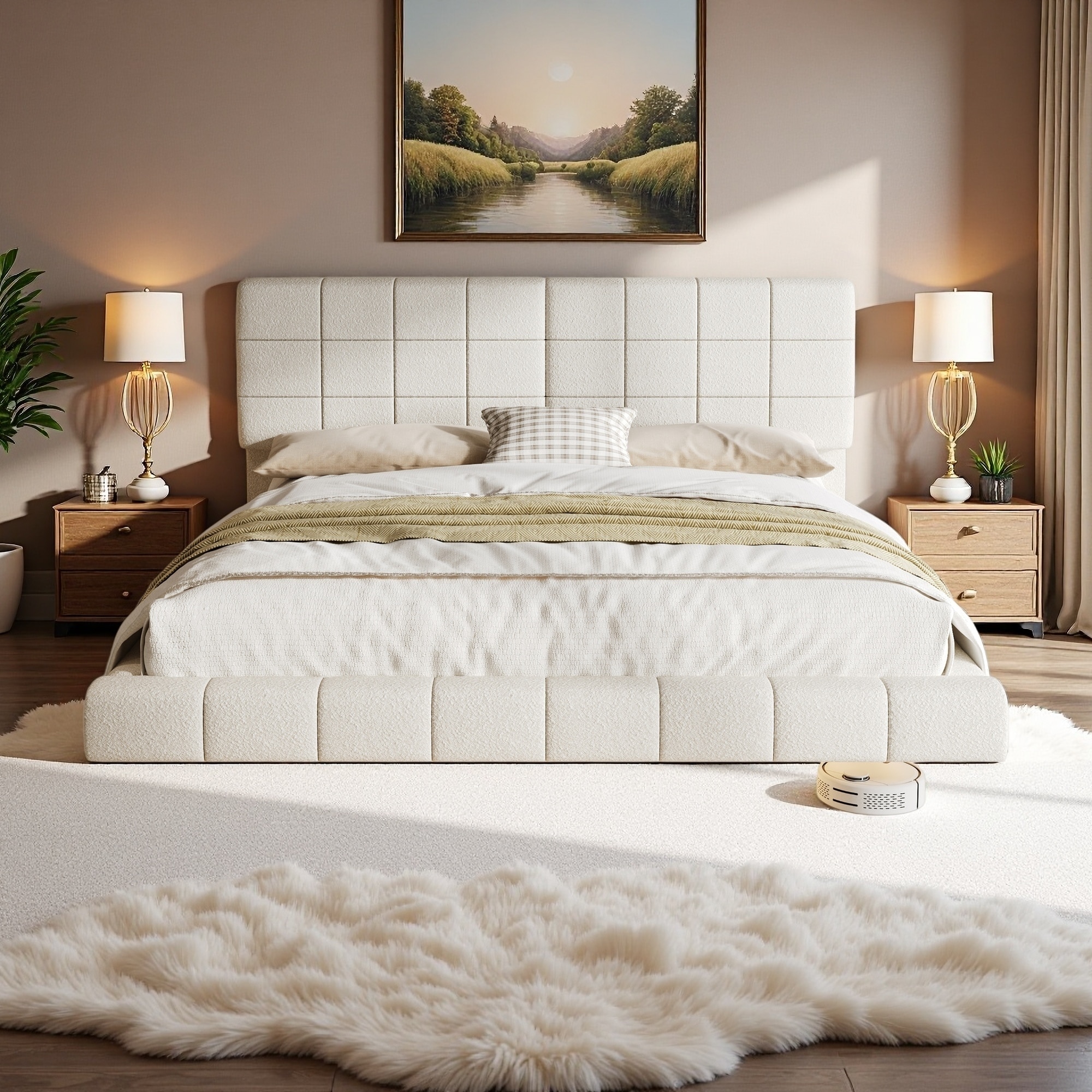Upholstered Floating Platform Bed with Light