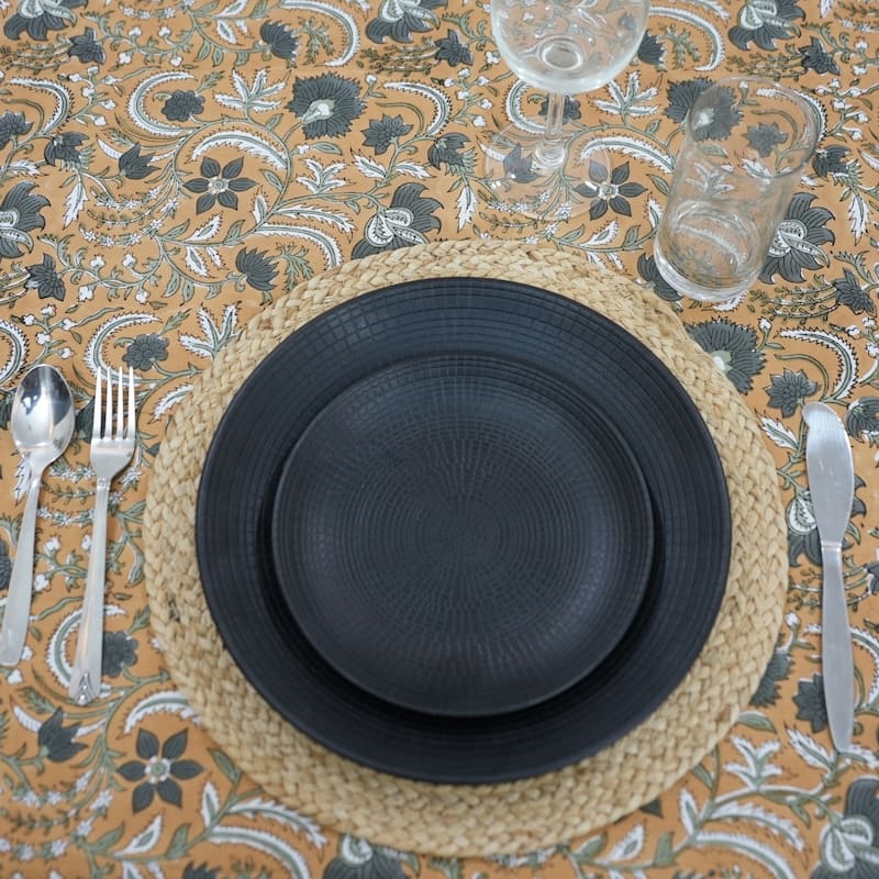 Fabdivine Handmade Block Print Cotton Brown Table Cover or Cloth Dining, Farmhouse & Kitchen Décor