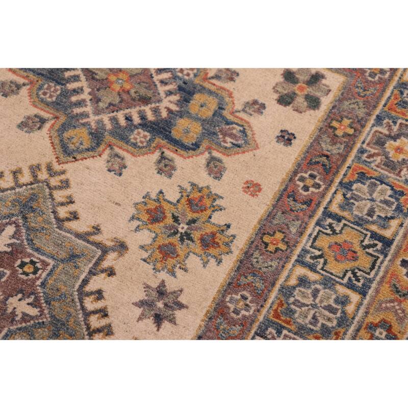 Southwestern Kazak Rory Beige/Light Blue Wool Rug - 3'3'' x 4'10''